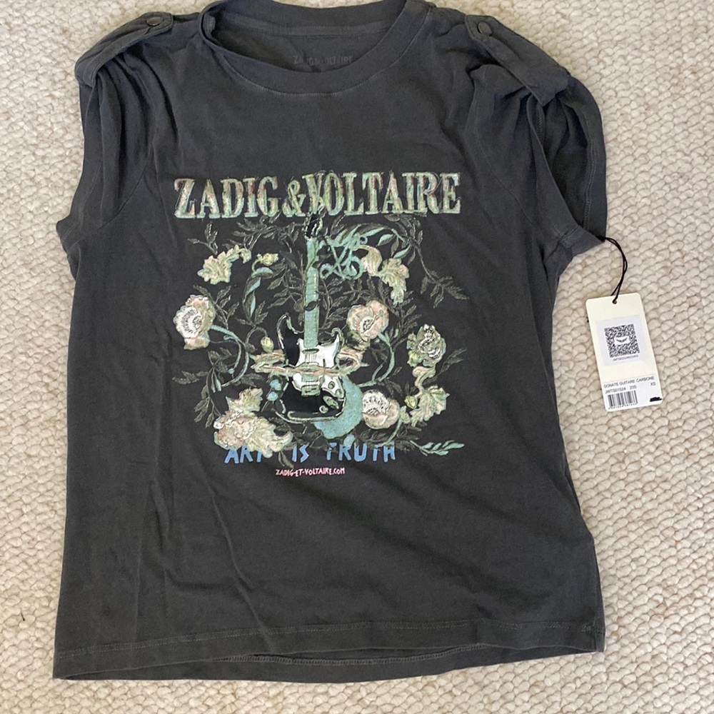 NWT Zadig & Voltaire Donate Guitare Carbone XS Gray Top Tee Shirt